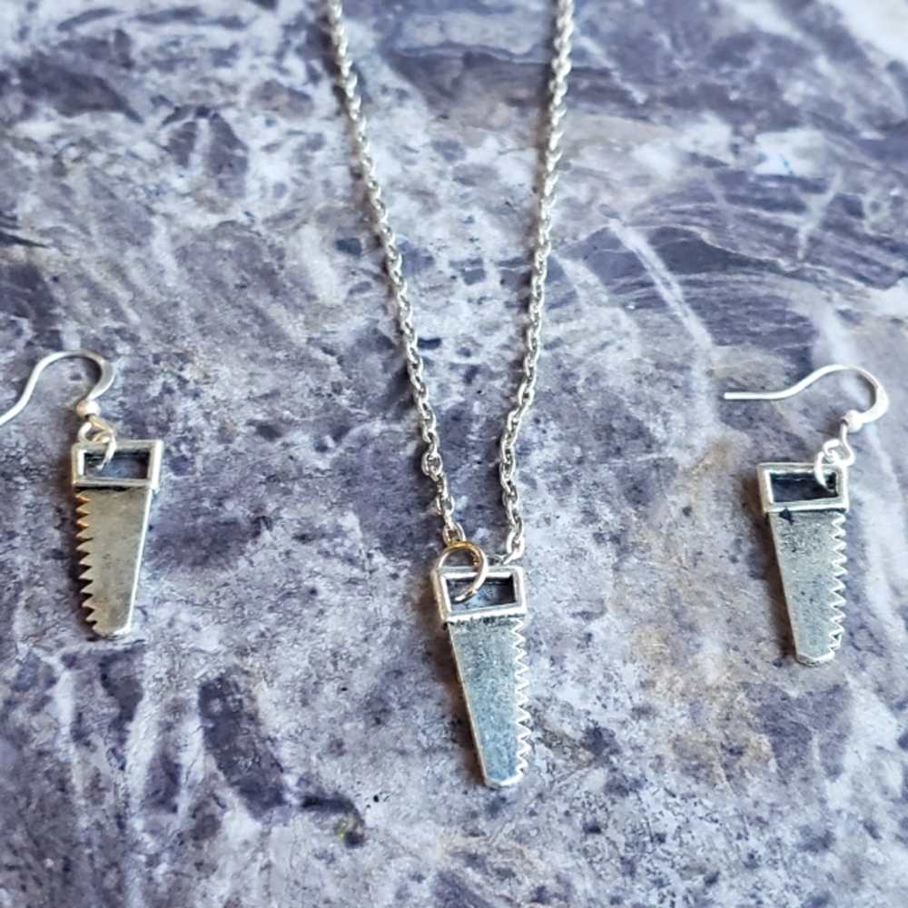 Saw necklace and earring set rockabilly style punk rock goth